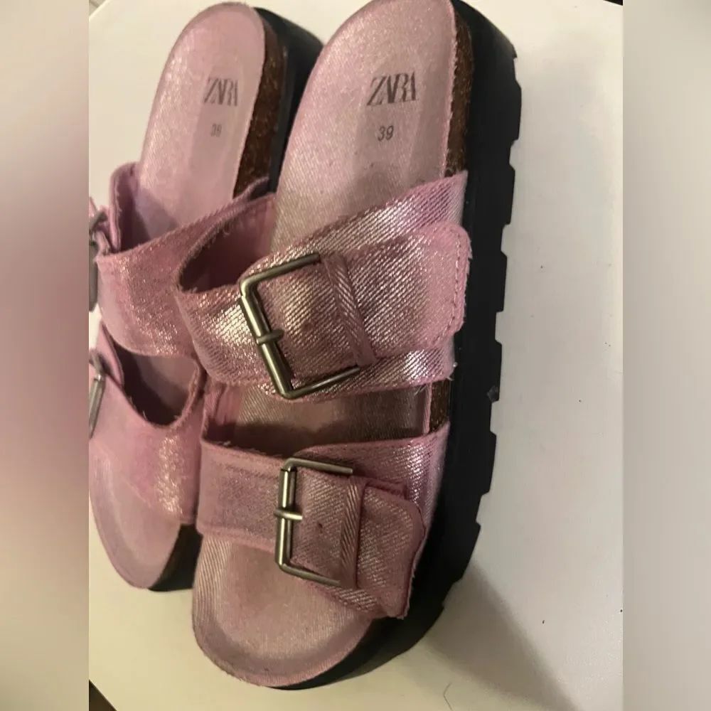 Zara Buckled Denim Slip On Open Toe Flat Sandals Pink Women's 39 /9 Out Of Stock